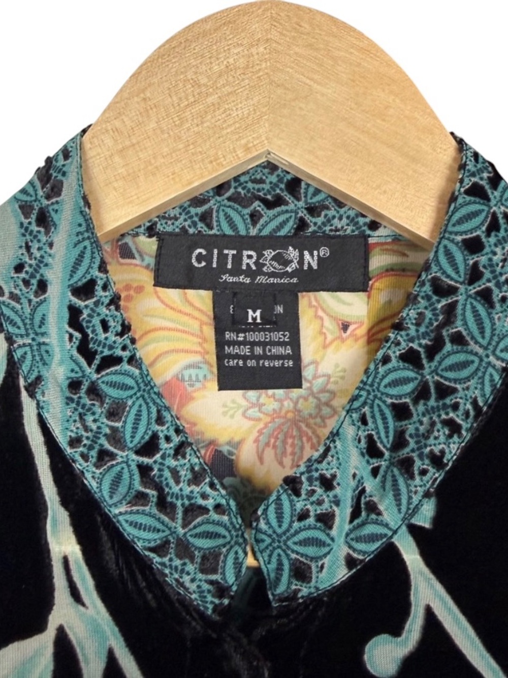 Citron Black Teal Burnout Velvet Silk Button Down Tunic Blouse Artsy Boho Size M - Picture 2 of 14
